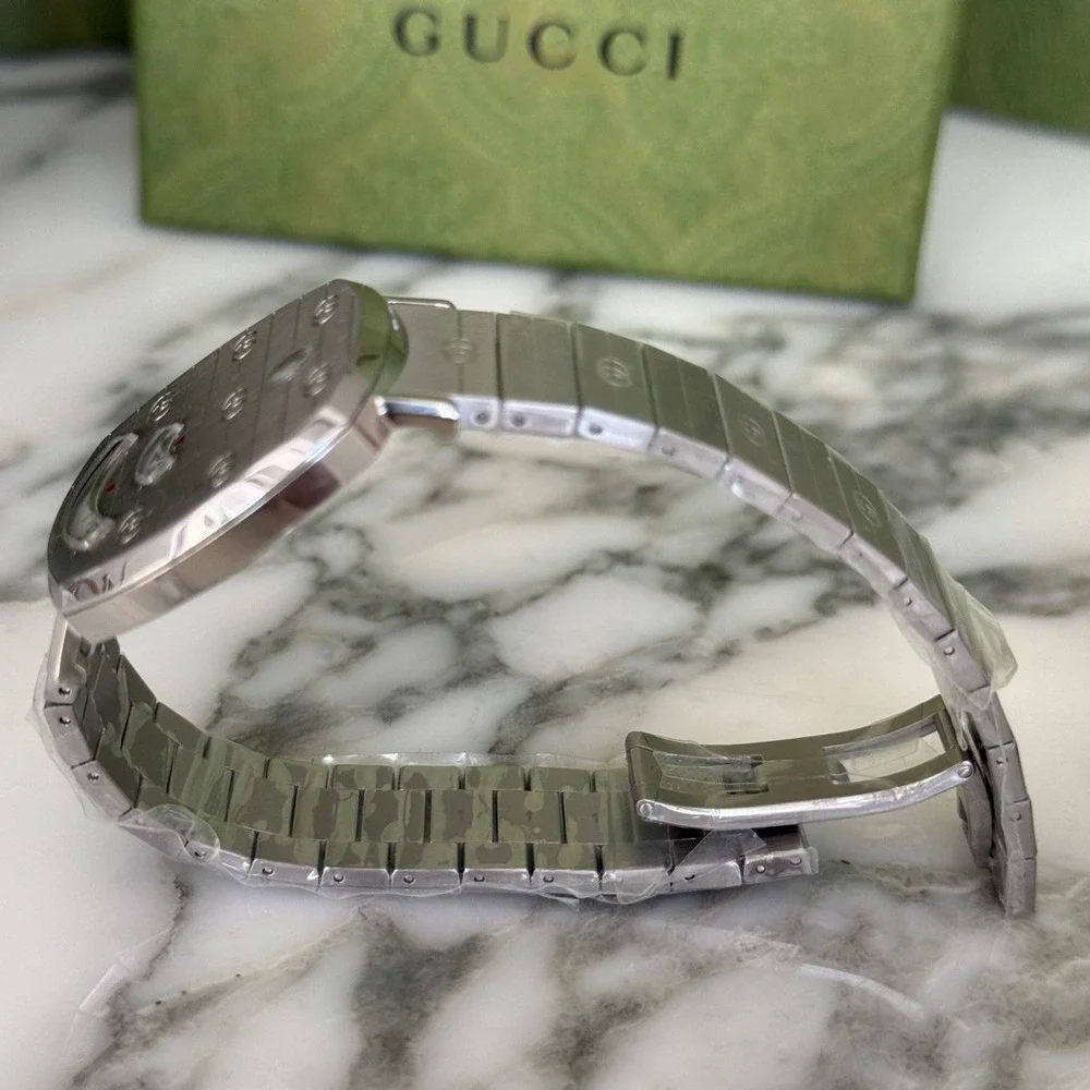 Gucci Grip Watch YA157401 Stainless Steel Silver Logo Engraved Swiss Made 38mm
